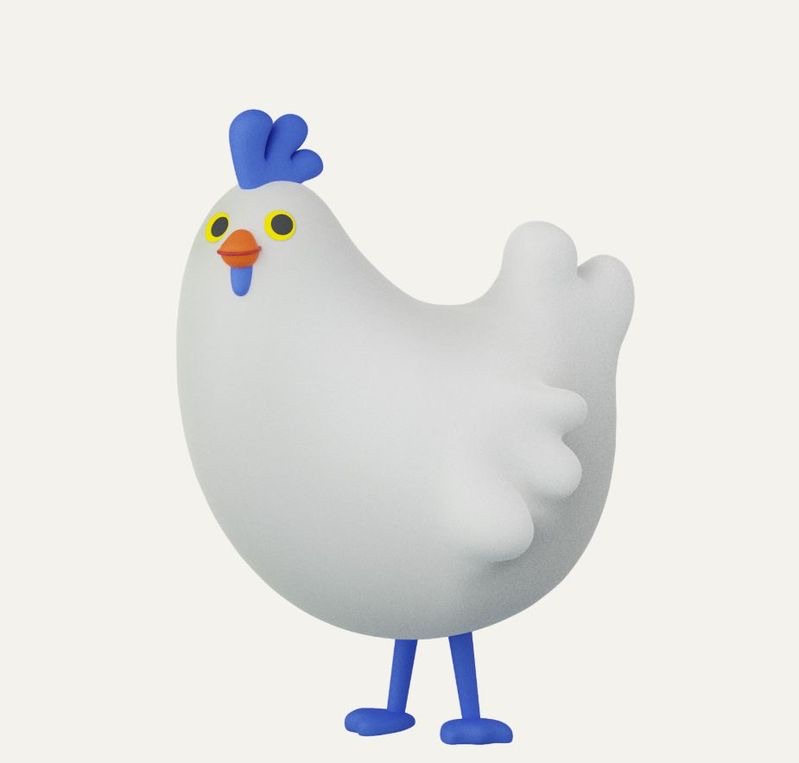 Illustration of a white chicken with a blue comb and feet